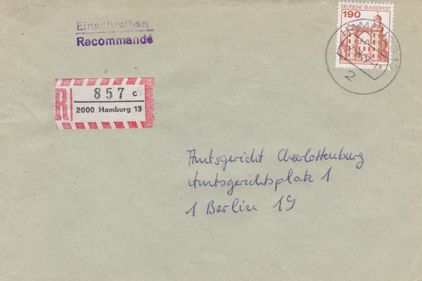 BUND 919 Einschreibebrief <Burgen und Schlösser> mit Tagesstempel Hamburg 13 vom 02-08-1977