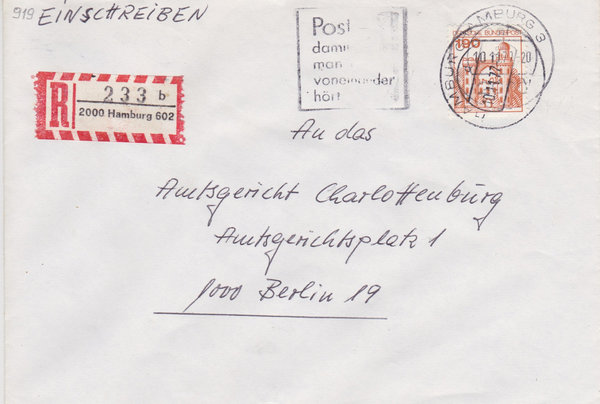 BUND 919 Einschreibebrief <Burgen und Schlösser> mit Werbestempel Hamburg 602 vom 10-11-1977