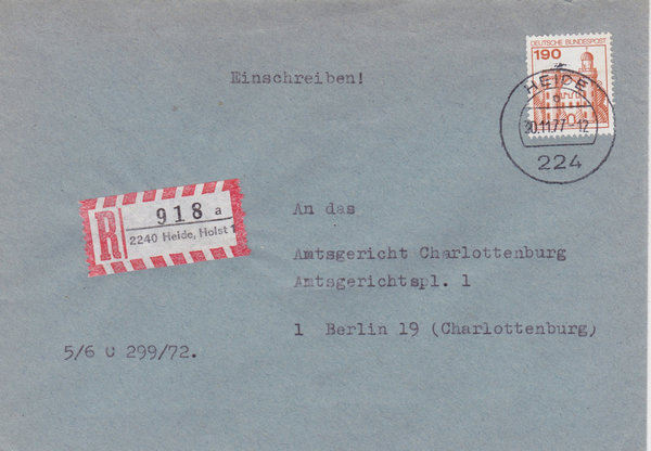 BUND 919 Einschreibebrief <Burgen und Schlösser> mit Tagesstempel Heide, Holst. vom 30-11-1977