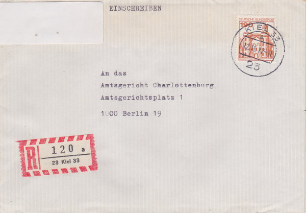 BUND 919 Einschreibebrief <Burgen und Schlösser> mit Tagesstempel Kiel 33 vom 12-11-1977