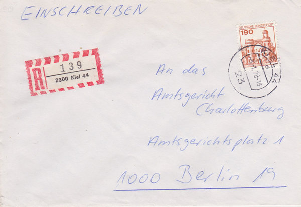 BUND 919 Einschreibebrief <Burgen und Schlösser> mit Tagesstempel Kiel 44 vom 03-01-1978