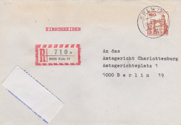 BUND 919 Einschreibebrief <Burgen und Schlösser> mit Tagesstempel Köln 17 vom 16-06-1978