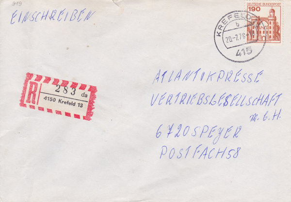 BUND 919 Einschreibebrief <Burgen und Schlösser> mit Tagesstempel Krefeld 13 vom 20-07-1978