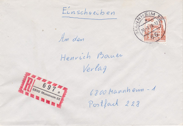 BUND 919 Einschreibebrief <Burgen und Schlösser> mit Tagesstempel Mannheim 32 vom 20-09-1978