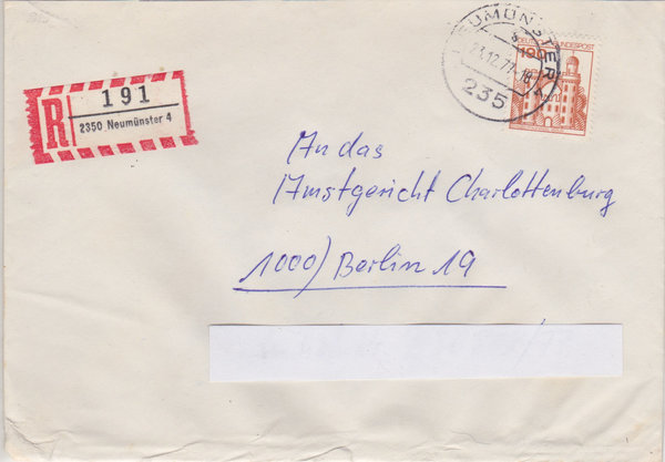 BUND 919 Einschreibebrief <Burgen und Schlösser> mit Tagesstempel Neumünster 4 vom 23-12-1977