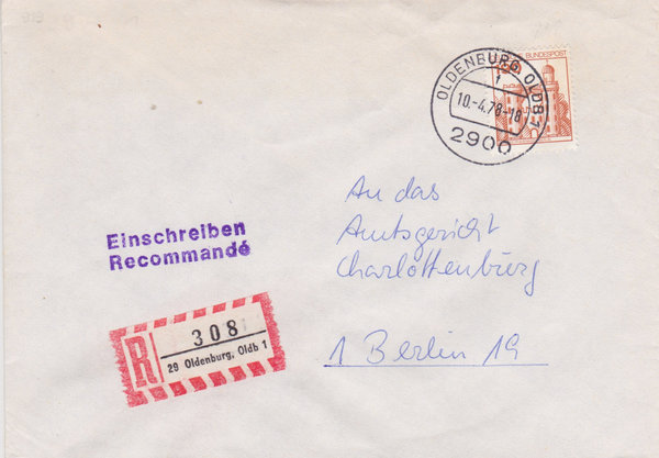 BUND 919 Einschreibebrief <Burgen und Schlösser> mit Tagesstempel Oldenburg 1 vom 10-04-1978