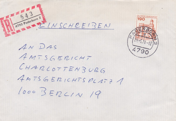 BUND 919 Einschreibebrief <Burgen und Schlösser> mit Tagesstempel Paderborn 2 vom 29-05-1978