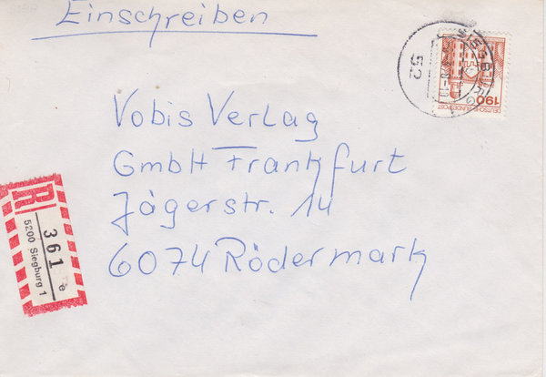 BUND 919 Einschreibebrief <Burgen und Schlösser> mit Tagesstempel Siegburg 1 vom 09-03-1978