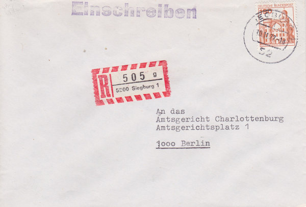 BUND 919 Einschreibebrief <Burgen und Schlösser> mit Tagesstempel Siegburg 1 vom 10-11-1977