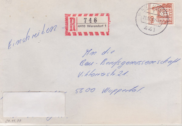 BUND 919 Einschreibebrief <Burgen und Schlösser> mit Tagesstempel Warendorf 1 vom 21-11-1977