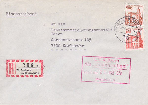 BUND 919, 995 Einschreibebrief <Burgen und Schlösser> mit Tagesstempel Freiburg vom 19-06-1979