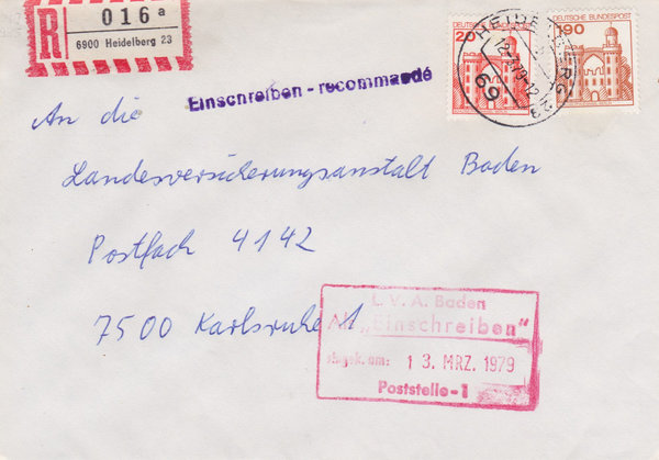 BUND 919, 995 Einschreibebrief <Burgen und Schlösser> mit Tagesstempel Heidelberg vom 12-03-1979