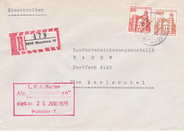 BUND 919, 995 Einschreibebrief <Burgen und Schlösser> mit Tagesstempel Mannheim 16 vom 18-06-1979