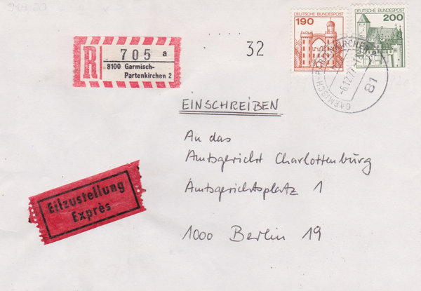 BUND 919, 920 Express-Einschreibebrief <Burgen und Schlösser> Tagesstempel Garmisch vom 06-12-1977