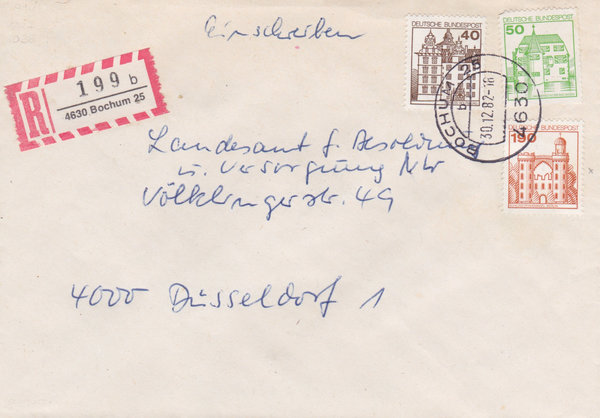 BUND 919, 1037, 1038 Einschreibebrief <Burgen und Schlösser> Tagesstempel Bochum vom 30-12-1982