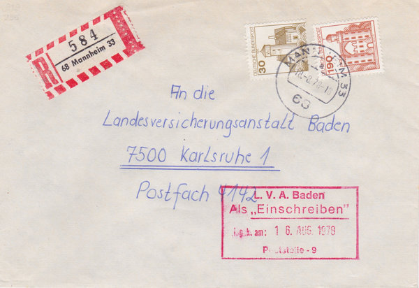 BUND 914, 919 Standardbrief <Burgen und Schlösser> mit Tagesstempel Mannheim 33 vom 18-08-1978