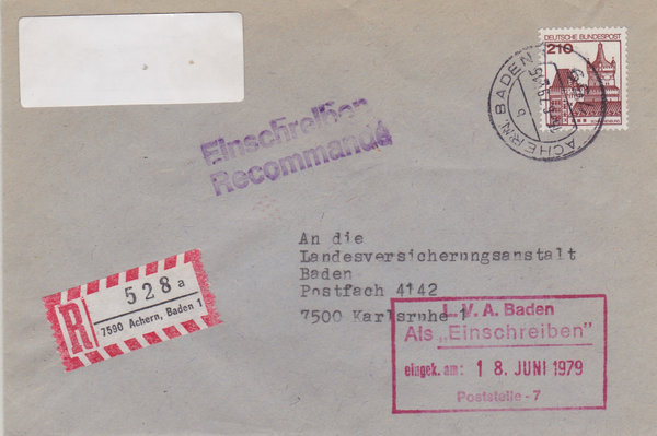 BUND 998 Einschreibebrief <Burgen und Schlösser> mit Tagesstempel Achern, Baden 1 vom 15-06-1979