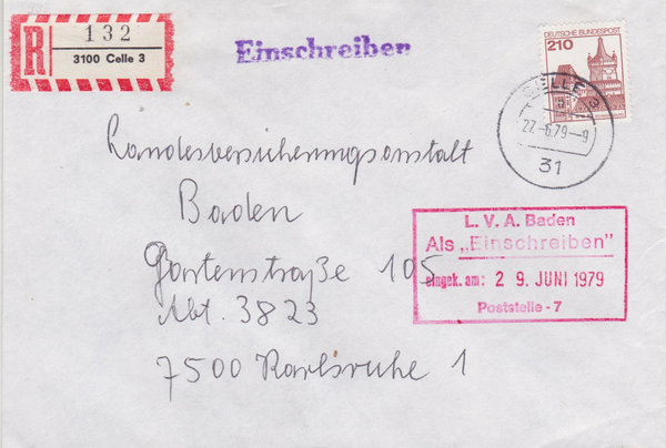 BUND 998 Einschreibebrief <Burgen und Schlösser> mit Tagesstempel Celle 3 vom 27-06-1979