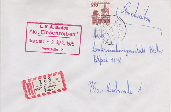 BUND 998 Einschreibebrief <Burgen und Schlösser> mit Tagesstempel Eberbach vom 07-04-1979