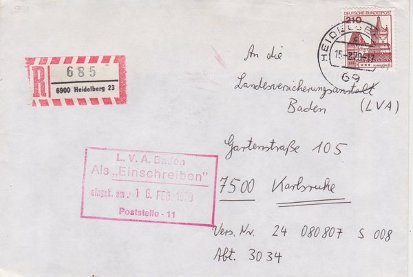 BUND 998 Einschreibebrief <Burgen und Schlösser> mit Tagesstempel Heidelberg 23 vom 15-02-1979