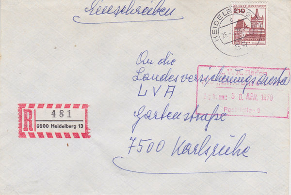 BUND 998 Einschreibebrief <Burgen und Schlösser> mit Tagesstempel Heidelberg 13 vom 26-04-1979
