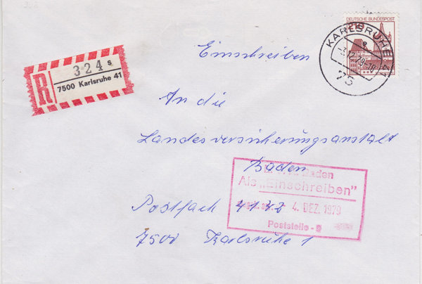 BUND 998 Einschreibebrief <Burgen und Schlösser> mit Tagesstempel Karlsruhe 41 vom 03-12-1979