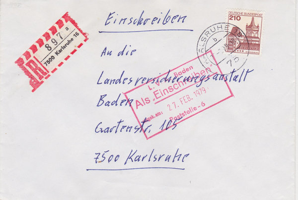 BUND 998 Einschreibebrief <Burgen und Schlösser> mit Tagesstempel Karlsruhe 16 vom 26-02-1979