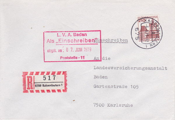 BUND 998 Einschreibebrief <Burgen und Schlösser> mit Tagesstempel Kaiserslautern 1 vom 06-06-1979