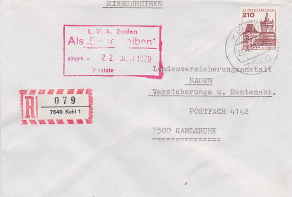 BUND 998 Einschreibebrief <Burgen und Schlösser> mit Tagesstempel Kehl 1 vom 21-06-1979