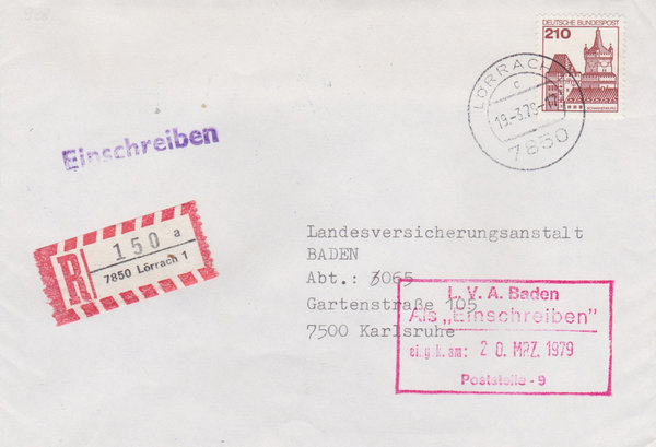 BUND 998 Einschreibebrief <Burgen und Schlösser> mit Tagesstempel Lörrach 1 vom 19-03-1979