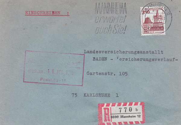 BUND 998 Einschreibebrief <Burgen und Schlösser> mit Tagesstempel Mannheim 12 vom 14-02-1979