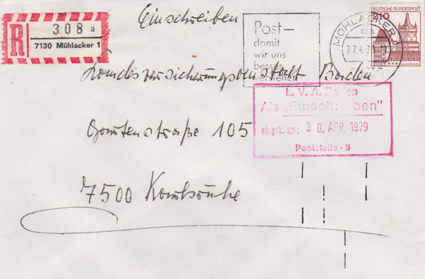 BUND 998 Einschreibebrief <Burgen und Schlösser> mit Tagesstempel Mühlacker 1 vom 27-04-1979