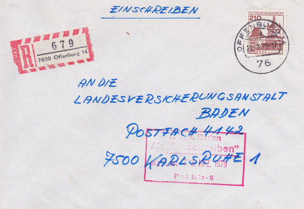BUND 998 Einschreibebrief <Burgen und Schlösser> mit Tagesstempel Offenburg 14 vom 21-03-1979