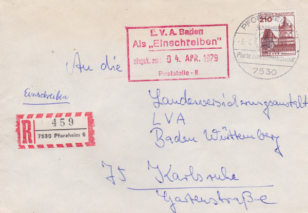 BUND 998 Einschreibebrief <Burgen und Schlösser> mit Tagesstempel Pforzheim 1 vom 03-04-1979