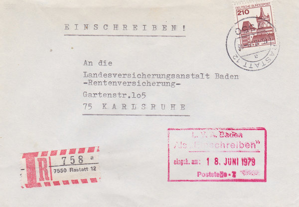 BUND 998 Einschreibebrief <Burgen und Schlösser> mit Tagesstempel Rastatt 12 vom 16-06-1979