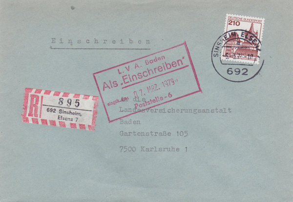 BUND 998 Einschreibebrief <Burgen und Schlösser> mit Tagesstempel Sinsheim, Elsenz 7 vom 05-03-1979