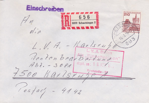 BUND 998 Einschreibebrief <Burgen und Schlösser> mit Tagesstempel Schwetzingen 2 vom 16-03-1979