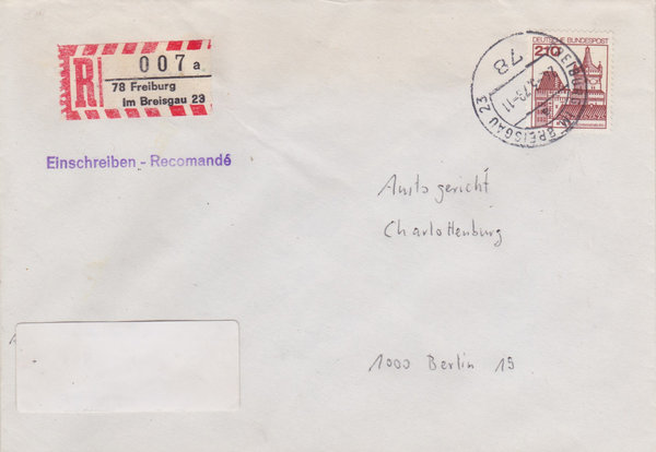 BUND 998 Einschreibebrief <Burgen und Schlösser> Tagesstempel Freiburg im Breisgau vom 24-03-1979