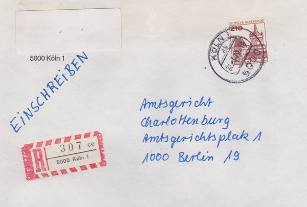 BUND 998 Einschreibebrief <Burgen und Schlösser> mit Tagesstempel Köln 1 vom 27-03-1979