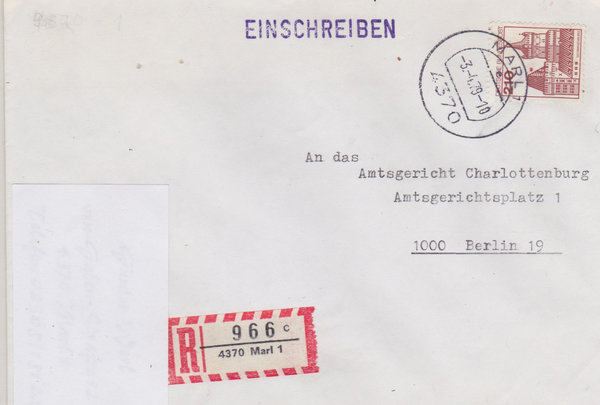 BUND 998 Einschreibebrief <Burgen und Schlösser> mit Tagesstempel Marl 1 vom 03-04-1979