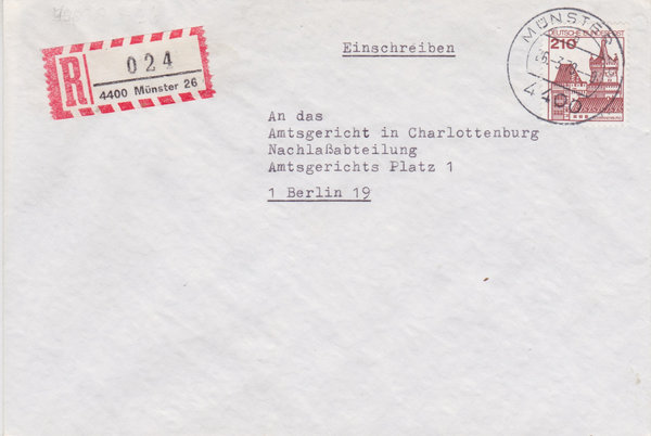 BUND 998 Einschreibebrief <Burgen und Schlösser> mit Tagesstempel Münster 26 vom 26-03-1979