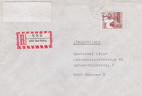 BUND 998 Einschreibebrief <Burgen und Schlösser> mit Tagesstempel Bad Aibling vom 07-01-1980
