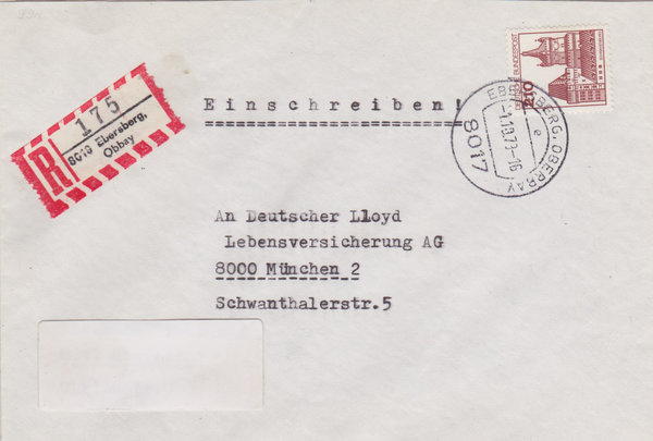 BUND 998 Einschreibebrief <Burgen und Schlösser> mit Tagesstempel Ebersberg vom 01-10-1978