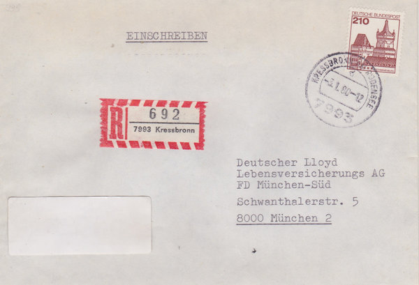 BUND 998 Einschreibebrief <Burgen und Schlösser> mit Tagesstempel Kressbronn vom 03-01-1980