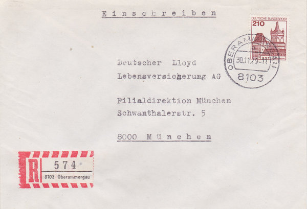 BUND 998 Einschreibebrief <Burgen und Schlösser> mit Tagesstempel Oberammergau vom 30-11-1979