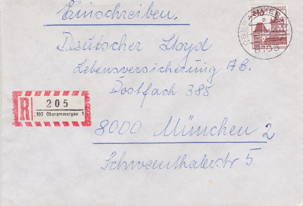 BUND 998 Einschreibebrief <Burgen und Schlösser> mit Tagesstempel Oberammergau vom 03-01-1980