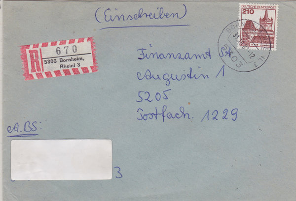 BUND 998 Einschreibebrief <Burgen und Schlösser> mit Tagesstempel Bornheim, Rheinl vom 31-10-1981