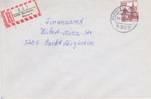 BUND 998 Einschreibebrief <Burgen und Schlösser> mit Tagesstempel Bornheim, Rheinl vom 29-10-1981