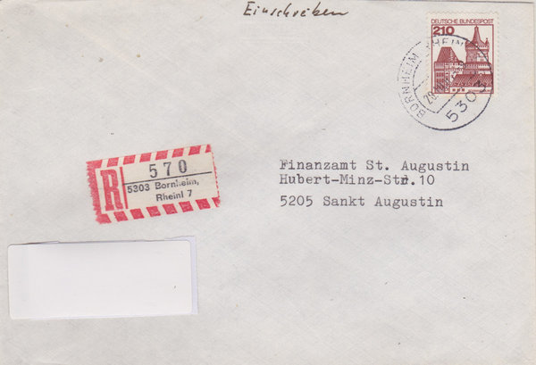 BUND 998 Einschreibebrief <Burgen und Schlösser> mit Tagesstempel Bornheim, Rheinl vom 28-10-1981