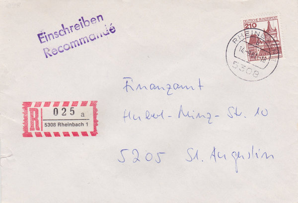BUND 998 Einschreibebrief <Burgen und Schlösser> mit Tagesstempel Rheinbach 1 vom 14-09-1981